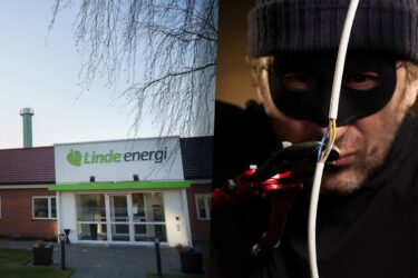 Linde energis lokaler och en genrebild med en maskerad svartklädd man som håller i en elkabel.