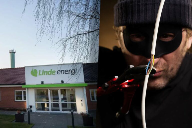 Linde energis lokaler och en genrebild med en maskerad svartklädd man som håller i en elkabel.