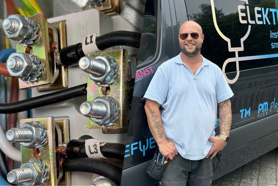 En bild av en elcentral och en bild av Martin Adelros, elektriker.