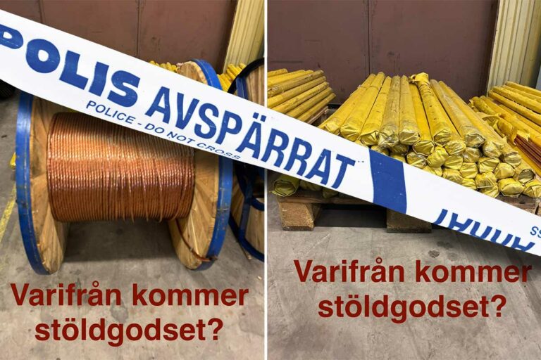 Stöldgods av koppartråd på kabeltrumma, spett inslagna i papper på bilder som polisen spridit på Facebook för att hitta godsets ägare.