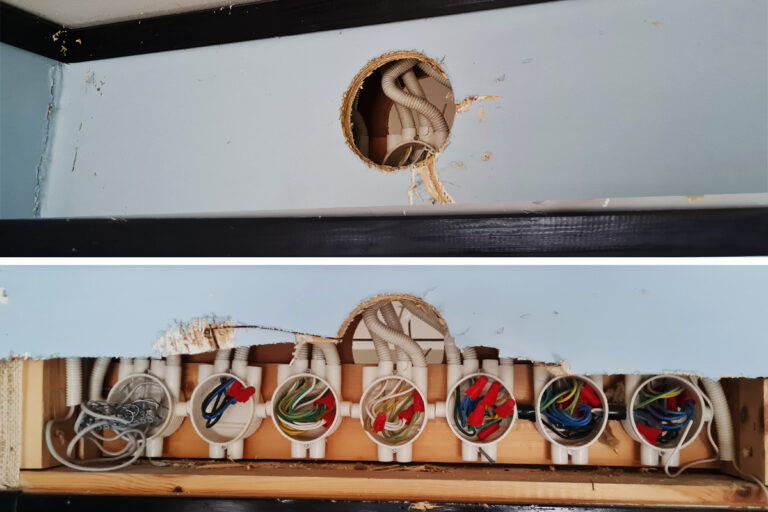 Elektrikern Magnus Johansson fick inte igenom dragvajern, kablarna satt helt fast. När han borrade upptäckte han denna septett.