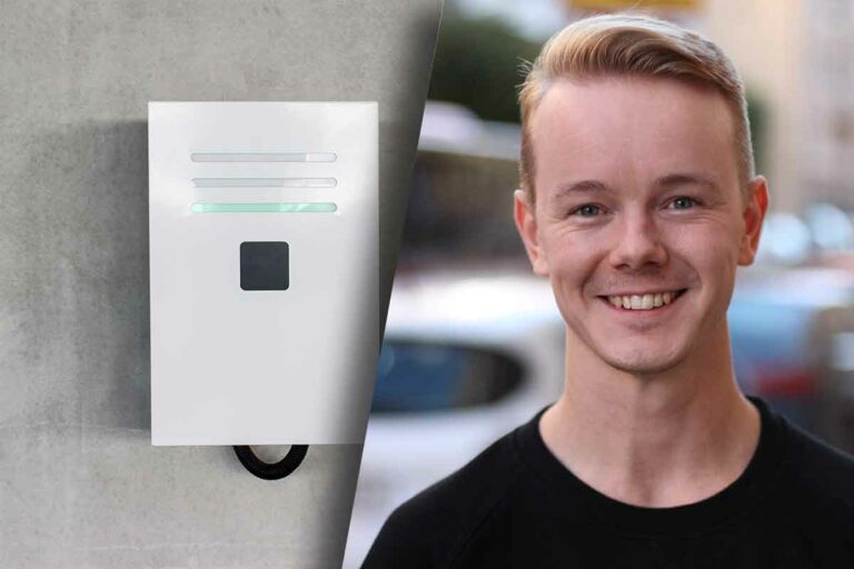 Hembatteri på vägg och Niklas Gran, vd Laddboxbolaget.