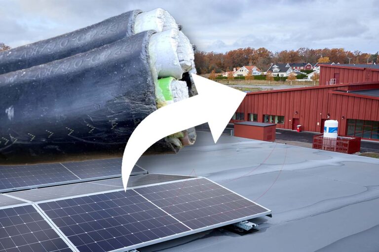 Energi från arenan till vänster delas till simhallen till höger. Två parallella likströmskablar på vardera 240 kvadrat går i markrör ett par hundra meter från arenan till simhallen.