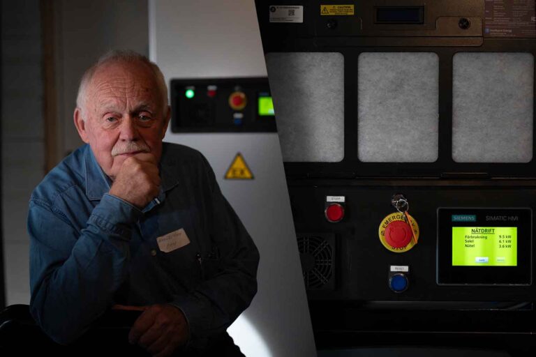 Hans-Olof ”Mr Vätgas” Nilsson tycker inte att investeringskostnaden i en pilotanläggning som den i småländska Häradsbäck är jämförbar med en energihybridmodul som är serieproducerad. Men han berättar ändå om kostnaderna för anläggningen. Och till skillnad från traditionell reservkraft med ett dieseldrivet elkraftverk påpekar Hans-Olof Nilsson att hans energihybridmodul också gör nytta och sänker kostnader hela tiden då systemet är i drift. Foto: Lina Alriksson