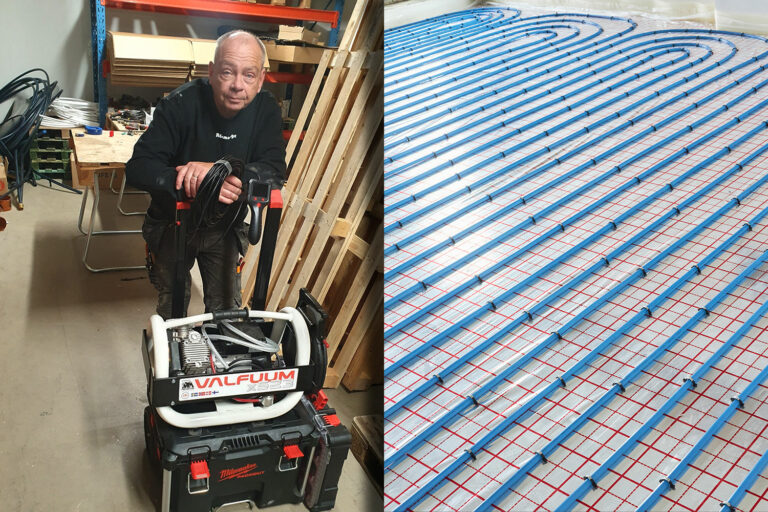 Rörmokarem Mikael Wargbäck letar hål i läckande golvvärme med hjälp av specialutrustning