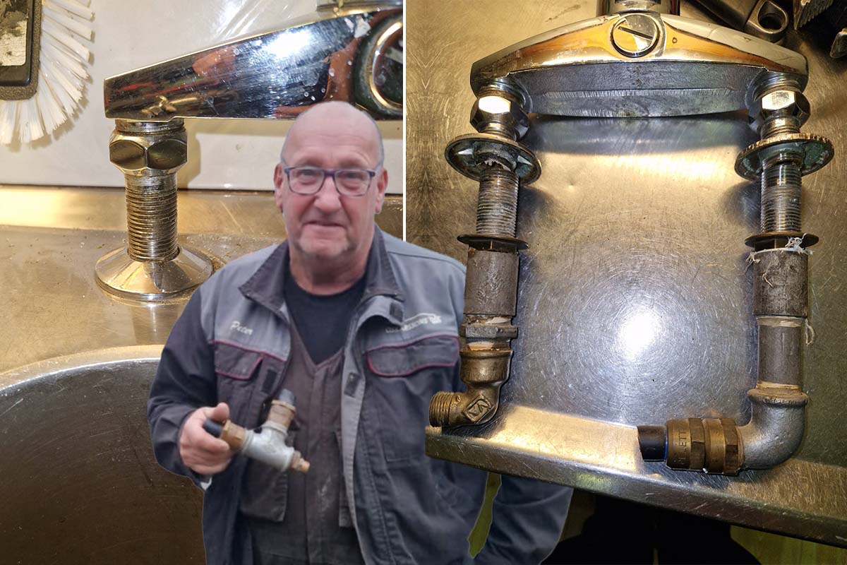 Peter Oskarssons fynd: en diskbänksblandare med galvade delar ihop med mässing på alla håll plus svart polyetenslang uppdragen i en diskbänk.