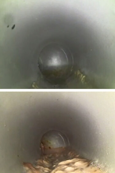 Bilder utprintade från filmerna som tagits av firman som spolat och fräst rören.