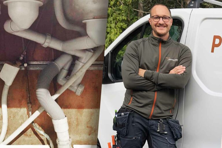 Rörmokaren Philip Nordström visar egna bilder på tokerier under diskbänken som han har hittat och kommenterar andras. Som bilden till vänster här.