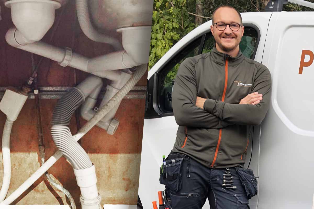 Rörmokaren Philip Nordström visar egna bilder på tokerier under diskbänken som han har hittat och kommenterar andras. Som bilden till vänster här.