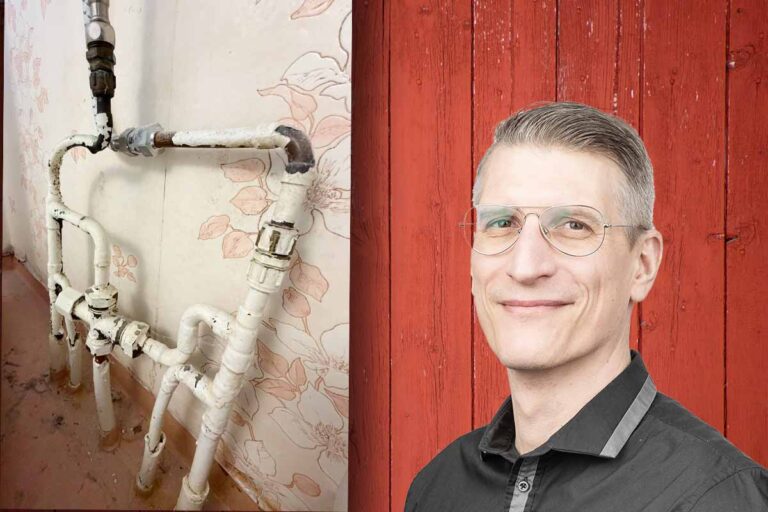 VVS-teknikexperten Björn Wettervik kommenterar den annorlunda lösningen i badrummet. Foto: privat/Getty/IN