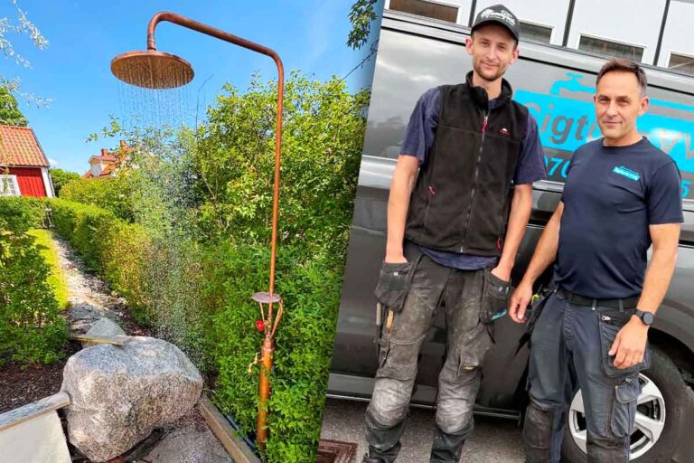 Utedusch. Två män framför en bil.
