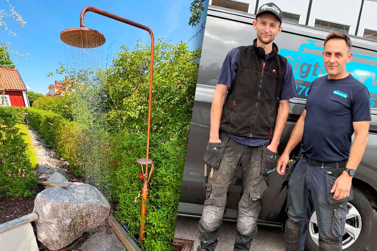 Utedusch. Två män framför en bil.